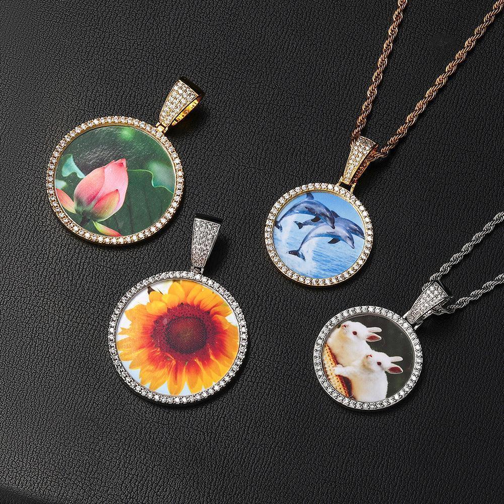 Custom Round Photo Pendant Necklace with Zircon Stones for Men and Women | Caratix Jewelry - CaratixJewelry